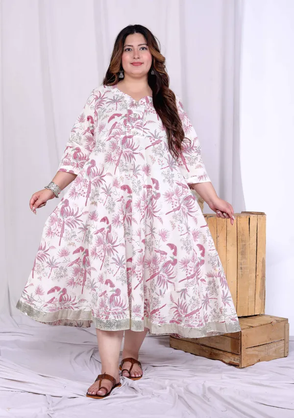 Doriyaaan_Women's_Plus_Size_Pink_Cotton_Gota_and_Lace_Border_Birds_and_Leaf_Floral_Printed_Anarkali_Kurta