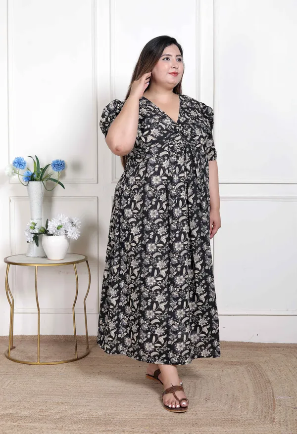 Doriyan_WOMENS_Plus_Size_Pleated_Puff_Sleeve_Floral_Pure_Cotton_Black_And_White_Butterfly_Maxi_Dress