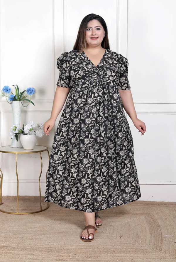 Doriyan_WOMENS_Plus_Size_Pleated_Puff_Sleeve_Floral_Pure_Cotton_Black_And_White_Butterfly_Maxi_Dress