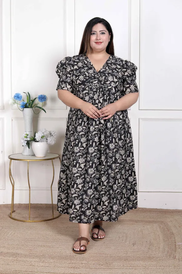 Doriyan_WOMENS_Plus_Size_Pleated_Puff_Sleeve_Floral_Pure_Cotton_Black_And_White_Butterfly_Maxi_Dress