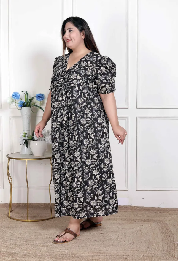 Doriyan_WOMENS_Plus_Size_Pleated_Puff_Sleeve_Floral_Pure_Cotton_Black_And_White_Butterfly_Maxi_Dress