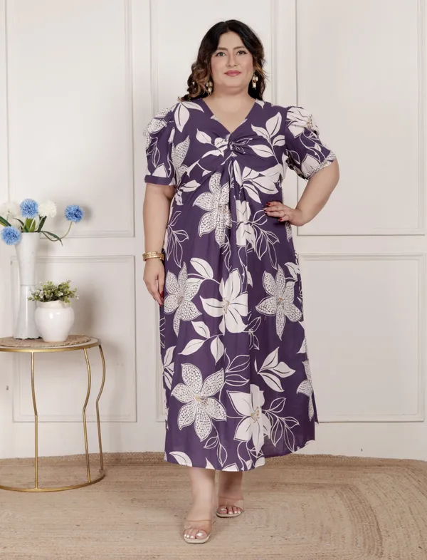 Doriyan_Womens_Plus_Size_Purple_Pleated_Puff_Sleeve_Floral_Pure_Cotton_Butterfly_Middi_Dress