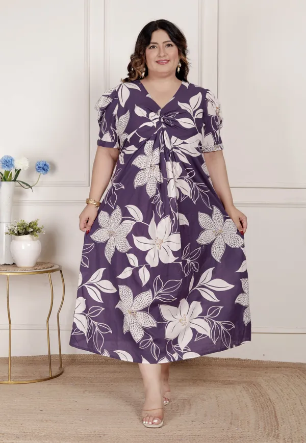 Doriyan_Womens_Plus_Size_Purple_Pleated_Puff_Sleeve_Floral_Pure_Cotton_Butterfly_Middi_Dress