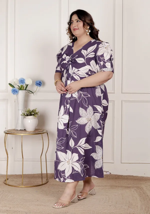 Doriyan_Womens_Plus_Size_Purple_Pleated_Puff_Sleeve_Floral_Pure_Cotton_Butterfly_Middi_Dress