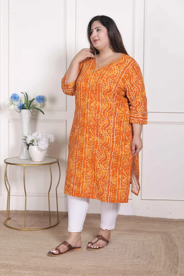 Doriyan_WOMENS_Plus_Size_Yellow_Bandhani_Printed_Straight_Kurta