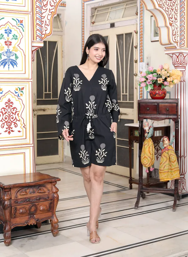 Doriyan_Womens_Pure_Cotton_Black_Waist_Tie-Up_Back_Zip_Closure_Floral_Playsuit