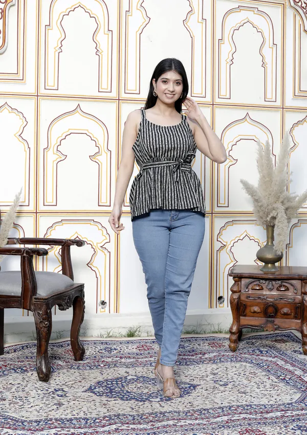 Doriyaaan_Womens_Pure_Cotton_Casual_Sleeveless_Printed_Black_Color_Peplum_Top