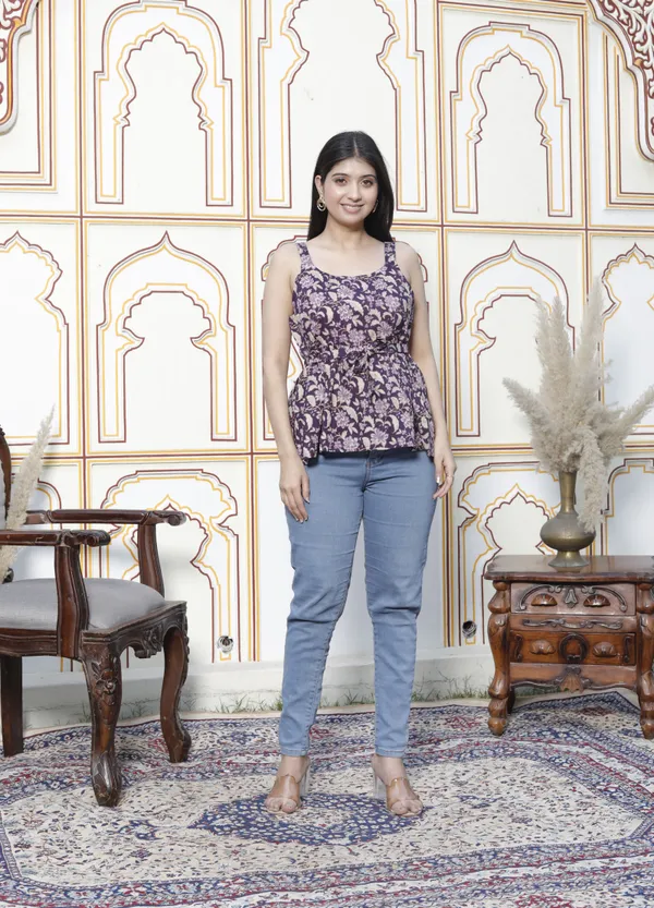 Doriyan_Womens_Pure_Cotton_Floral_Printed_Purple_Noodle_Straps_Short_Peplum_Top