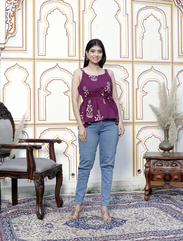 Doriyaaan_Womens_Pure_Cotton_Purple_Floral_Printed_Noodle_Straps_Flared_Cotton_Top