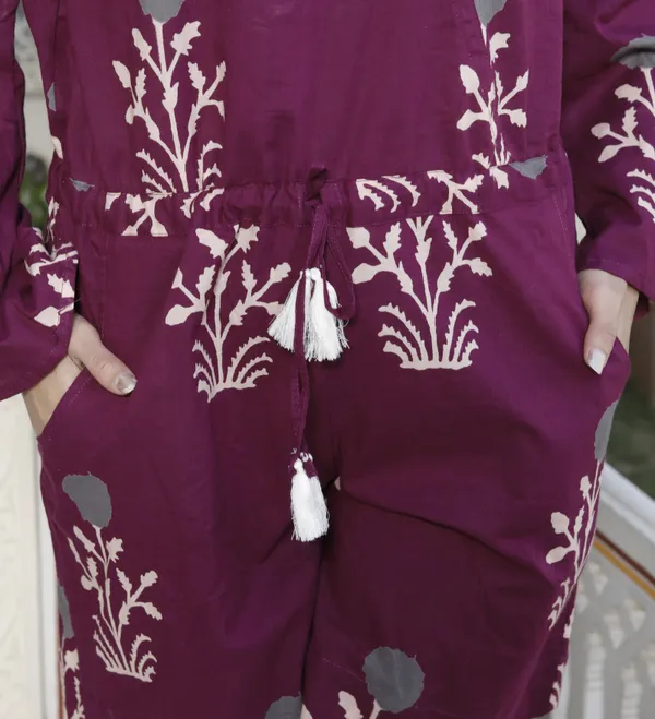 Doriyaaan_Womens_Pure_Cotton_Wine_Floral_Printed_Long_Sleeves_Waist_Tie-Up_Playsuit