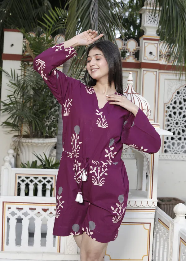 Doriyaaan_Womens_Pure_Cotton_Wine_Floral_Printed_Long_Sleeves_Waist_Tie-Up_Playsuit