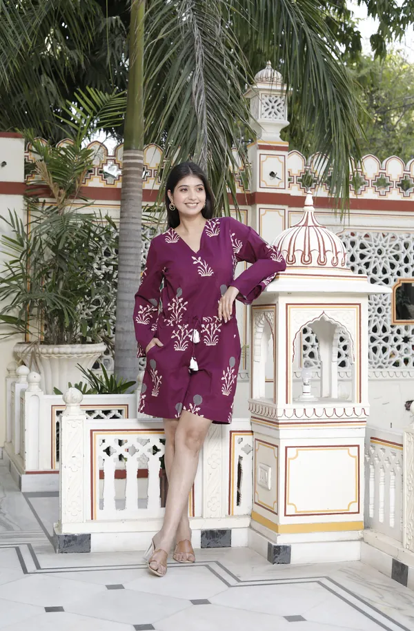 Doriyaaan_Womens_Pure_Cotton_Wine_Floral_Printed_Long_Sleeves_Waist_Tie-Up_Playsuit