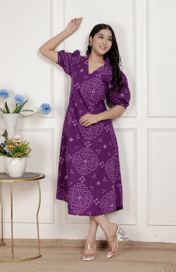 Doriyan_Womens_Purple_Bandhni_printed_A-Line_Midi_Dress
