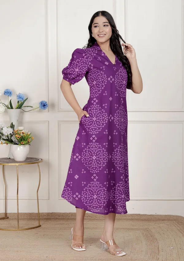 Doriyan_Womens_Purple_Bandhni_printed_A-Line_Midi_Dress