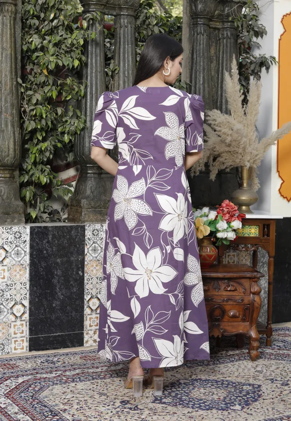 Doriyan_Womens_Purple_Pleated_Puff_Sleeve_Floral_Pure_Cotton_Butterfly_Middi_Dress
