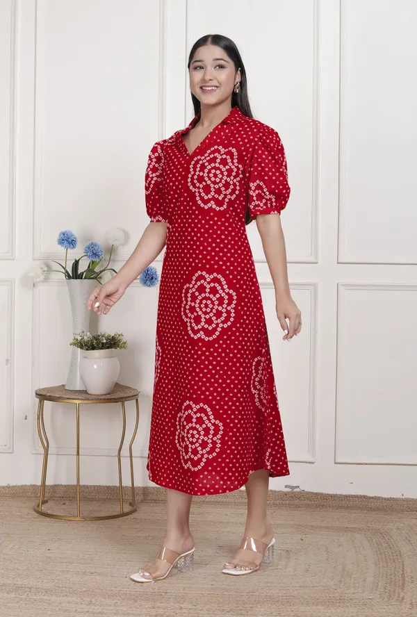 Doriyaaan_Womens_Red_Bandhani_Printed_Collar_Neck_Midi_Dress