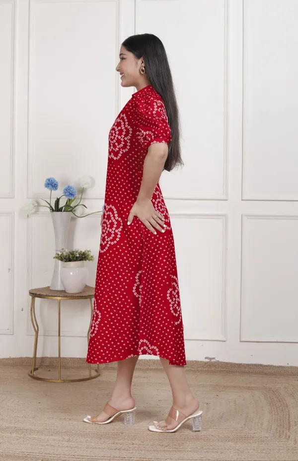 Doriyaaan_Womens_Red_Bandhani_Printed_Collar_Neck_Midi_Dress
