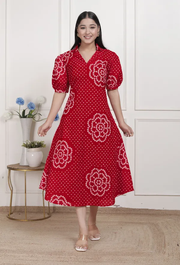Doriyaaan_Womens_Red_Bandhani_Printed_Collar_Neck_Midi_Dress