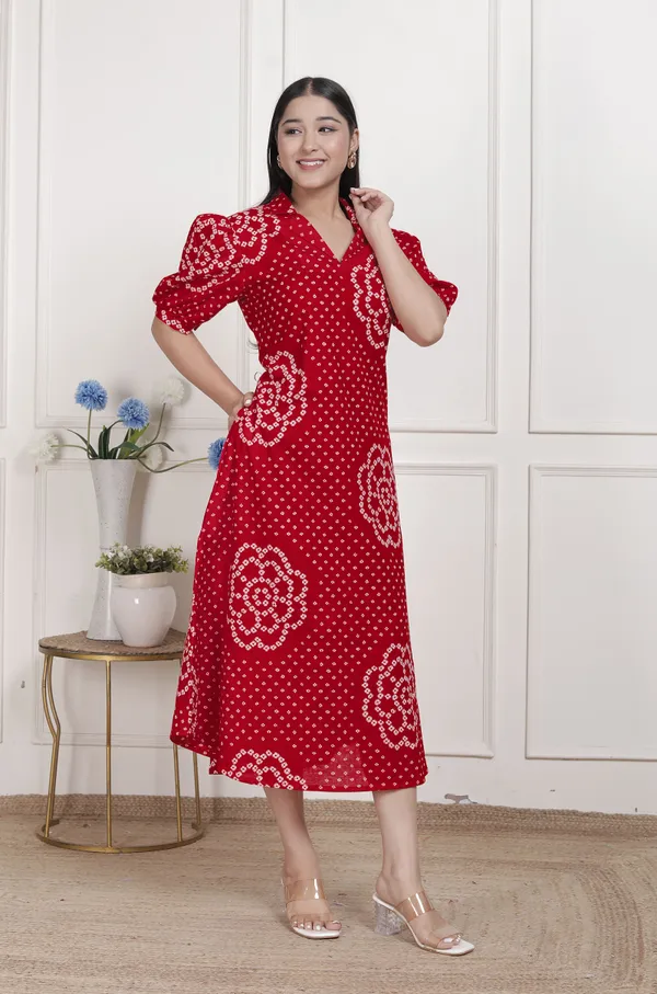 Doriyaaan_Womens_Red_Bandhani_Printed_Collar_Neck_Midi_Dress
