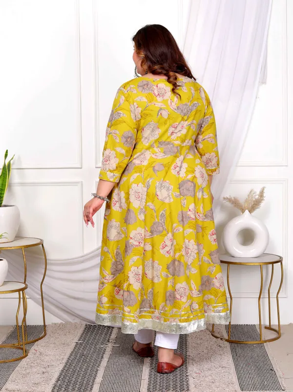 Women's_Plus_Size_Cotton_Gotapatti_And_Lace_Border_Details_Floral_Printed_Yellow_Anarkali_Kurta_-_Doriyan