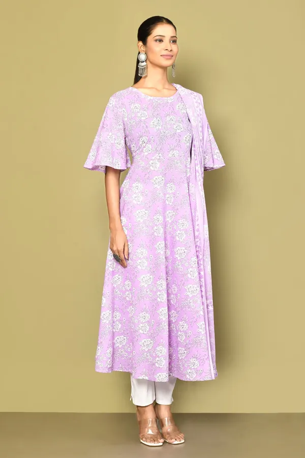 Women's_Lavender_Floral_Flared_Sleeves_Anarkali_Kurta_With_Dupatta_-_Doriyan