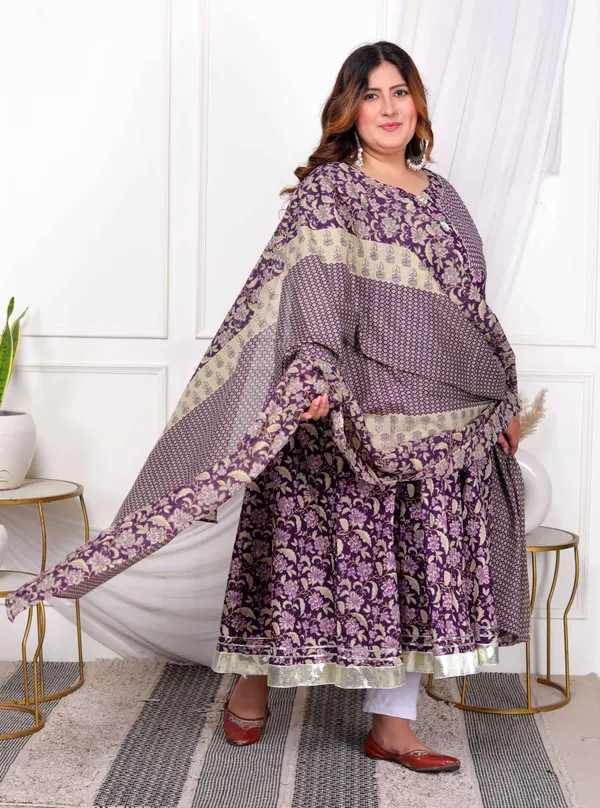 Women's_Plus_Size_Purple_Cotton_Floral_Gota_Lace_Work_Anarkali_Kurta_And_Dupatta_-_Doriyan