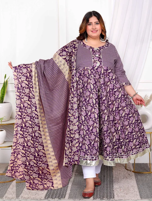 Women's_Plus_Size_Purple_Cotton_Floral_Gota_Lace_Work_Anarkali_Kurta_And_Dupatta_-_Doriyan