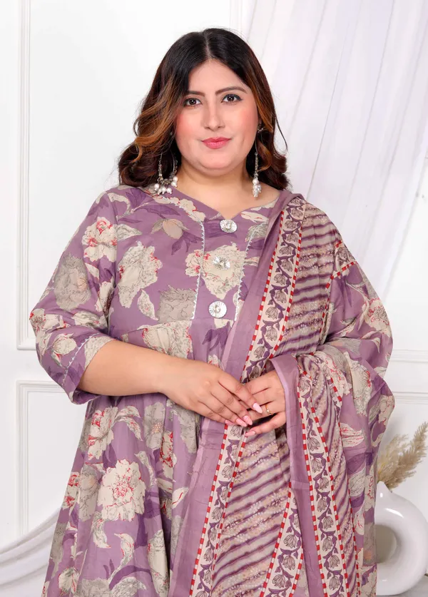 Women's_Plus_Size_Purple_Flower_Printed_With_Beautiful_Lace_Border_Details_Anarkali_Kurta_With_Dupatta_Set_-_Doriyan