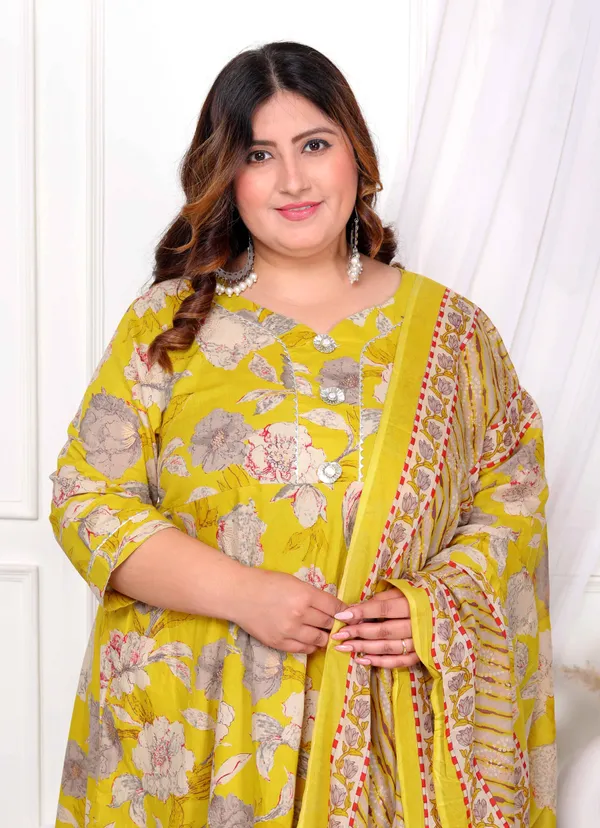 Women's_Plus_Size_Cotton_Gotapatti_And_Lace_Border_Details_Floral_Printed_Yellow_Anarkali_Kurta_And_Dupatta_Set_-_Doriyan
