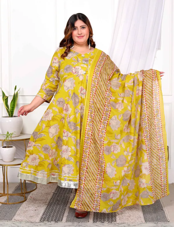 Women's_Plus_Size_Cotton_Gotapatti_And_Lace_Border_Details_Floral_Printed_Yellow_Anarkali_Kurta_And_Dupatta_Set_-_Doriyan