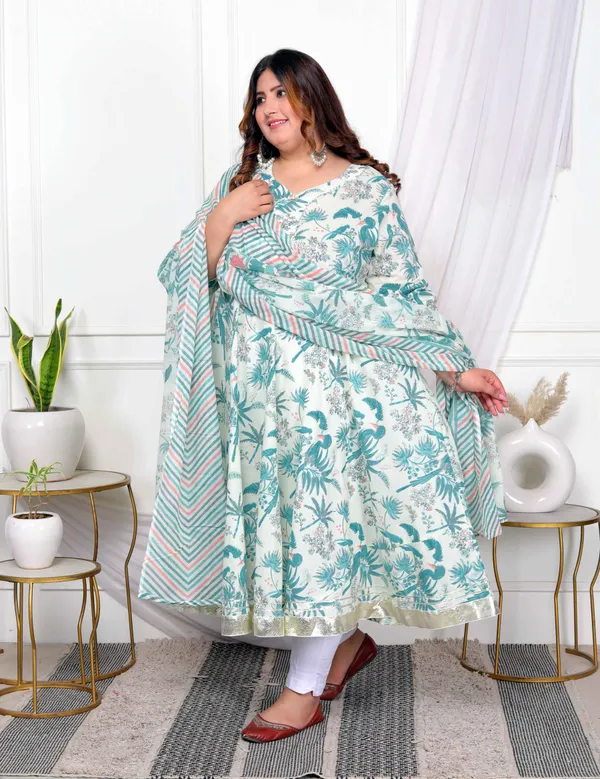 Women's_Plus_Size_Light_Green_Cotton_Birds_And_Leaf_Floral_Printed_And_Lace_Border_Details_Anarkali_Kurta_And_Dupatta_Set_-_Doriyan