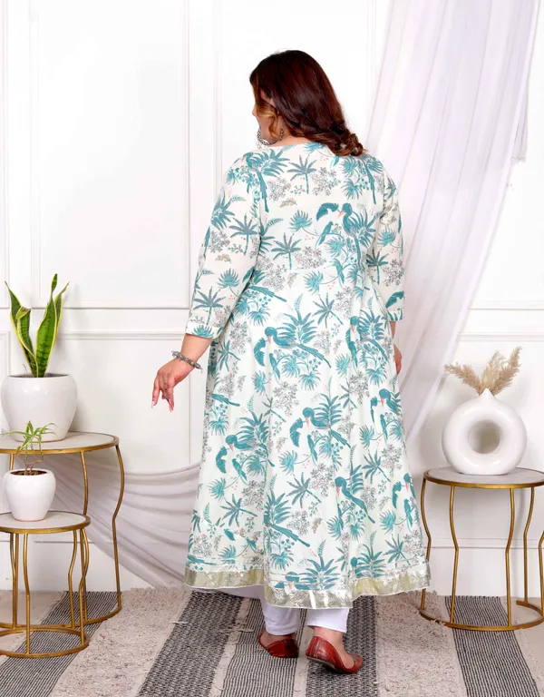 Women's_Plus_Size_Light_Green_Cotton_Birds_And_Leaf_Floral_Printed_And_Lace_Border_Details_Anarkali_Kurta_And_Dupatta_Set_-_Doriyan