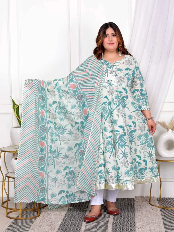 Women's_Plus_Size_Light_Green_Cotton_Birds_And_Leaf_Floral_Printed_And_Lace_Border_Details_Anarkali_Kurta_And_Dupatta_Set_-_Doriyan