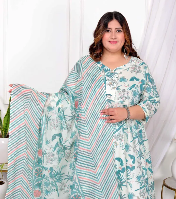 Women's_Plus_Size_Light_Green_Cotton_Birds_And_Leaf_Floral_Printed_And_Lace_Border_Details_Anarkali_Kurta_And_Dupatta_Set_-_Doriyan