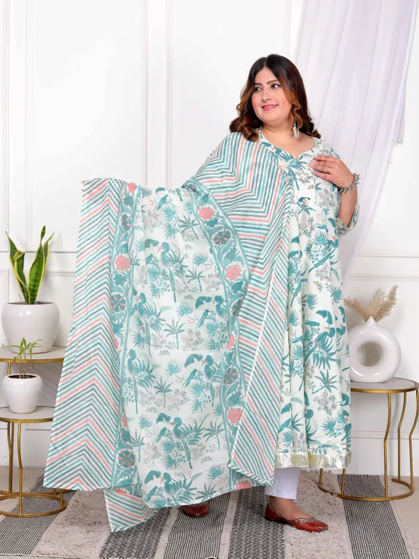 Women's_Plus_Size_Light_Green_Cotton_Birds_And_Leaf_Floral_Printed_And_Lace_Border_Details_Anarkali_Kurta_And_Dupatta_Set_-_Doriyan