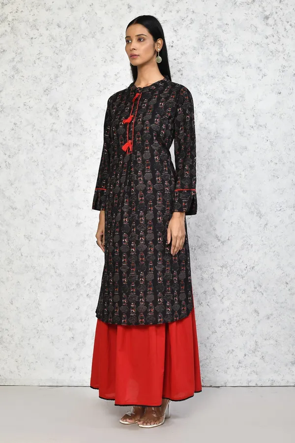 Women's_Black_Printed_Pure_Cotton_Kurta_With_Skirt_-_Doriyan