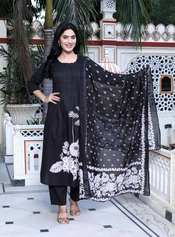 Women's_Black_Pintucks_Detailing_Straight_Kurta_And_Palazzo_With_Dupatta_Set_-_Doriyan