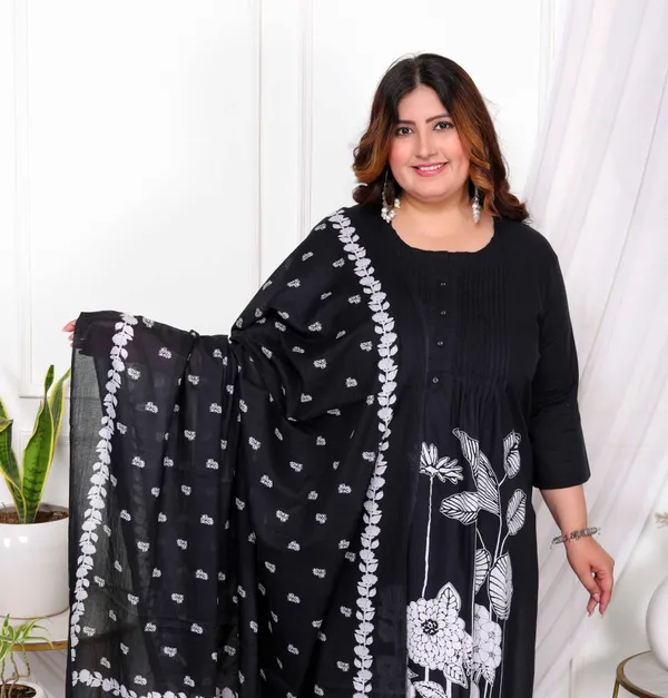 Women's_Plus_Size_Black_Pintucks_Detailing_Straight_Kurta_And_Palazzo_With_Dupatta_Set_-_Doriyan