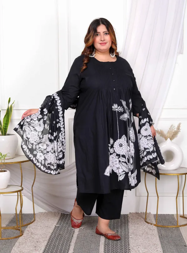 Women's_Plus_Size_Black_Pintucks_Detailing_Straight_Kurta_And_Palazzo_With_Dupatta_Set_-_Doriyan