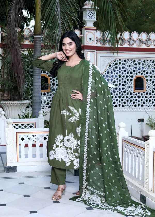 Women's_Mehandi_Pintucks_Floral_Pattern_Cotton_Straight_Kurta_With_Palazzo_And_Floral_Dupatta_Set_-_Doriyan