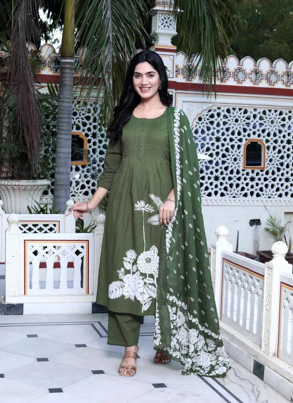 Women's_Mehandi_Pintucks_Floral_Pattern_Cotton_Straight_Kurta_With_Palazzo_And_Floral_Dupatta_Set_-_Doriyan