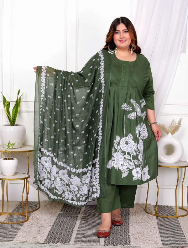 Women's_Plus_Size_Mehandi_Pintucks_Floral_Pattern_Cotton_Straight_Kurta_With_Palazzo_And_Floral_Dupatta_Set_-_Doriyan
