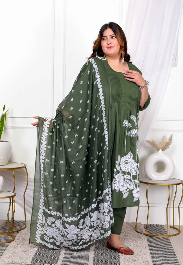 Women's_Plus_Size_Mehandi_Pintucks_Floral_Pattern_Cotton_Straight_Kurta_With_Palazzo_And_Floral_Dupatta_Set_-_Doriyan