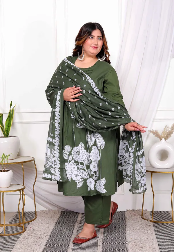 Women's_Plus_Size_Mehandi_Pintucks_Floral_Pattern_Cotton_Straight_Kurta_With_Palazzo_And_Floral_Dupatta_Set_-_Doriyan