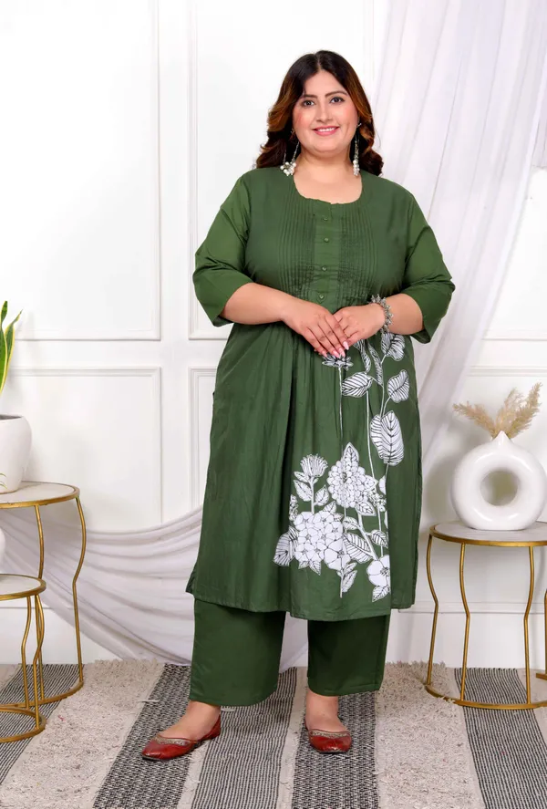 Women's_Plus_Size_Mehandi_Pintucks_Cotton_Floral_Straight_Kurta_And_Palazzo_-_Doriyan