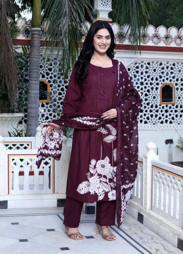 Women's_Wine_Pintucks_Cotton_Floral_Elegant_Straight_Kurta_And_Palazzo_With_Dupatta_Set_-_Doriyan