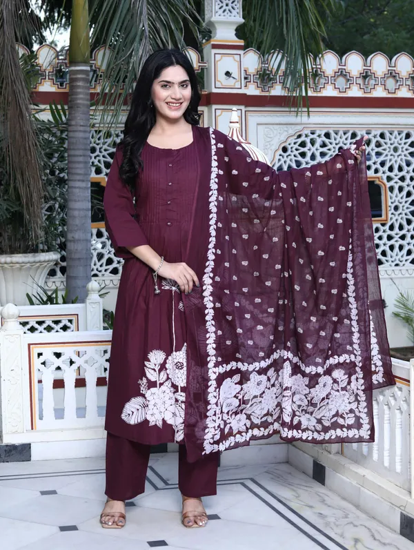 Women's_Wine_Pintucks_Cotton_Floral_Elegant_Straight_Kurta_And_Palazzo_With_Dupatta_Set_-_Doriyan