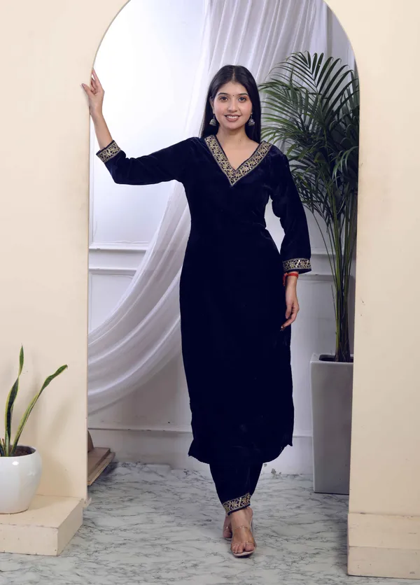 Women's_Blue_Velvet_Embroidered/Sequence_Work_Straight_Kurta_With_Palazzo_-_Doriyan