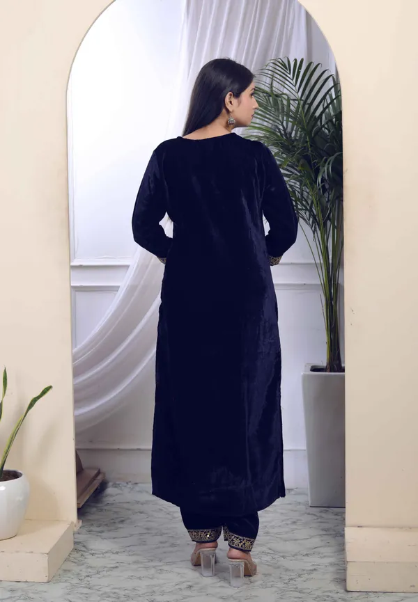 Women's_Blue_Velvet_Embroidered/Sequence_Work_Straight_Kurta_With_Palazzo_-_Doriyan