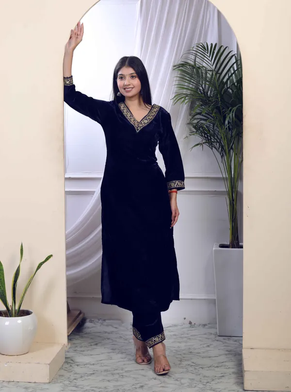 Women's_Blue_Velvet_Embroidered/Sequence_Work_Straight_Kurta_With_Palazzo_-_Doriyan